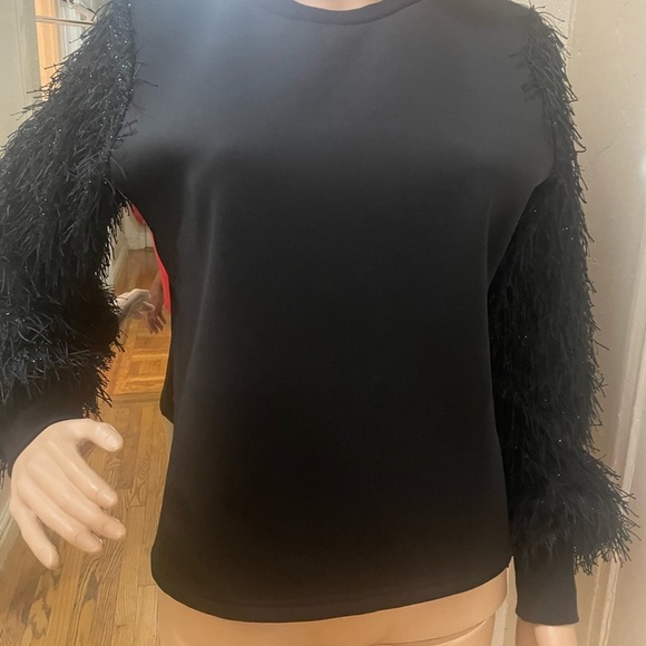 Gracia Tops - Gracia Black Feathered Sleeve Sweatshirt